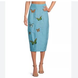 fanm mon marion embroidered linen midi pencil skirt blue butterfly large L